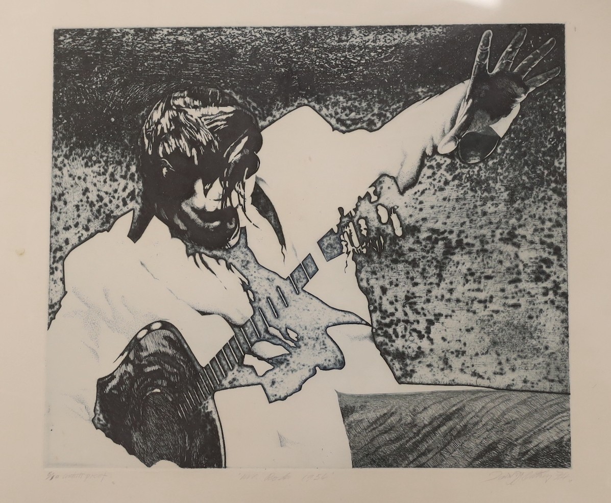 David J.G. Oxtoby (1938-), three limited edition prints, 'Shanghai Noodle Factory Last Exit', 'Cocherin' and 'Mr Rock', together with a watercolour, 'Traffic in Jim's Shoes 1972', largest overall 58 x 59cm